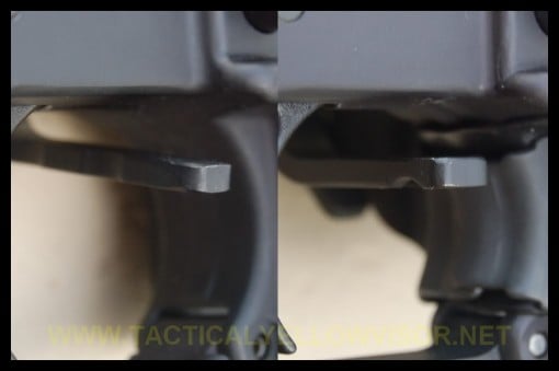 EBR on left, BAD on right.  The downward angle of the EBR can be seen here.  Shows how the EBR can bind if installed too high on the paddle.